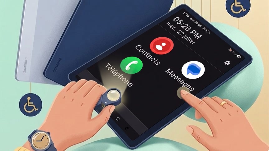 Deux mains sur une tablette Android Samsung : l'écran d'accueil simplifié affiche l'heure en très grand et trois grandes icônes, Téléphone, Contacts et Messages. Une main tient une loupe éclairante, l'autre appuie sur une icône.