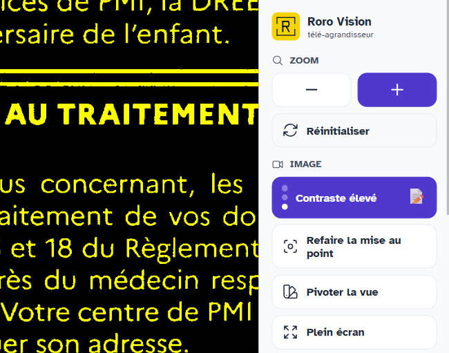 Le téléagrandisseur Roro affiche un document en grand et en contraste élevé, texte jaune sur fond noir, avec les boutons pour zoomer et régler le contraste.